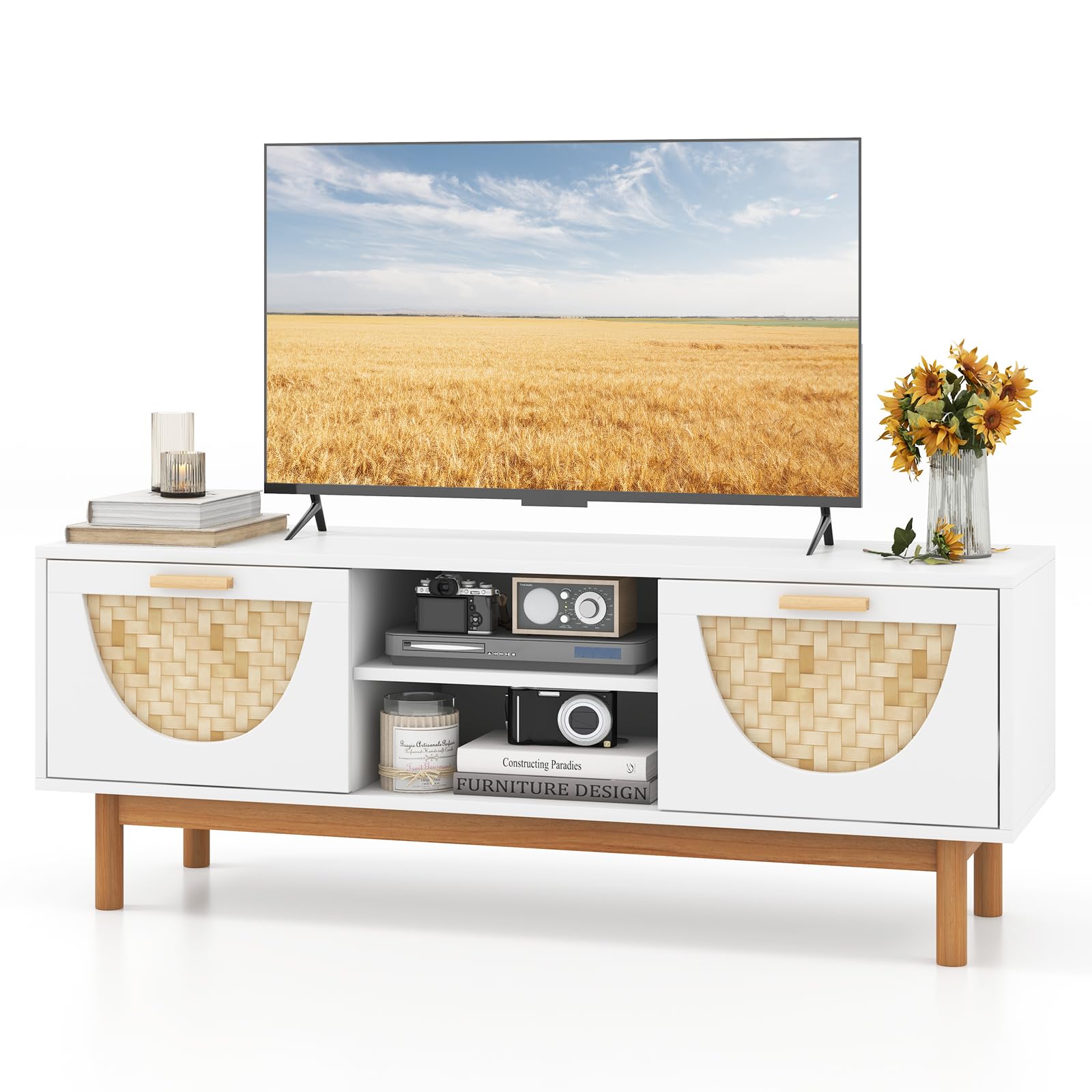 Meuble TV Tangkula pour téléviseurs 55 pouces, meuble de divertissement moderne du milieu du siècle avec 2 tiroirs et façades en bambou tissé